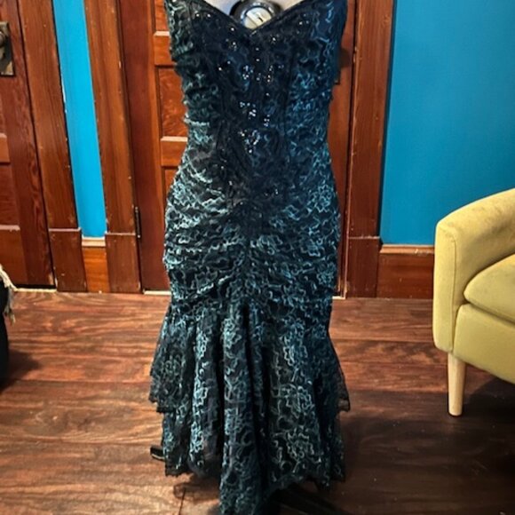 New Leaf Dresses & Skirts - Black and Teal, Vintage, 1988, Victorian-inspired Beaded/Lace Gown, Size 6